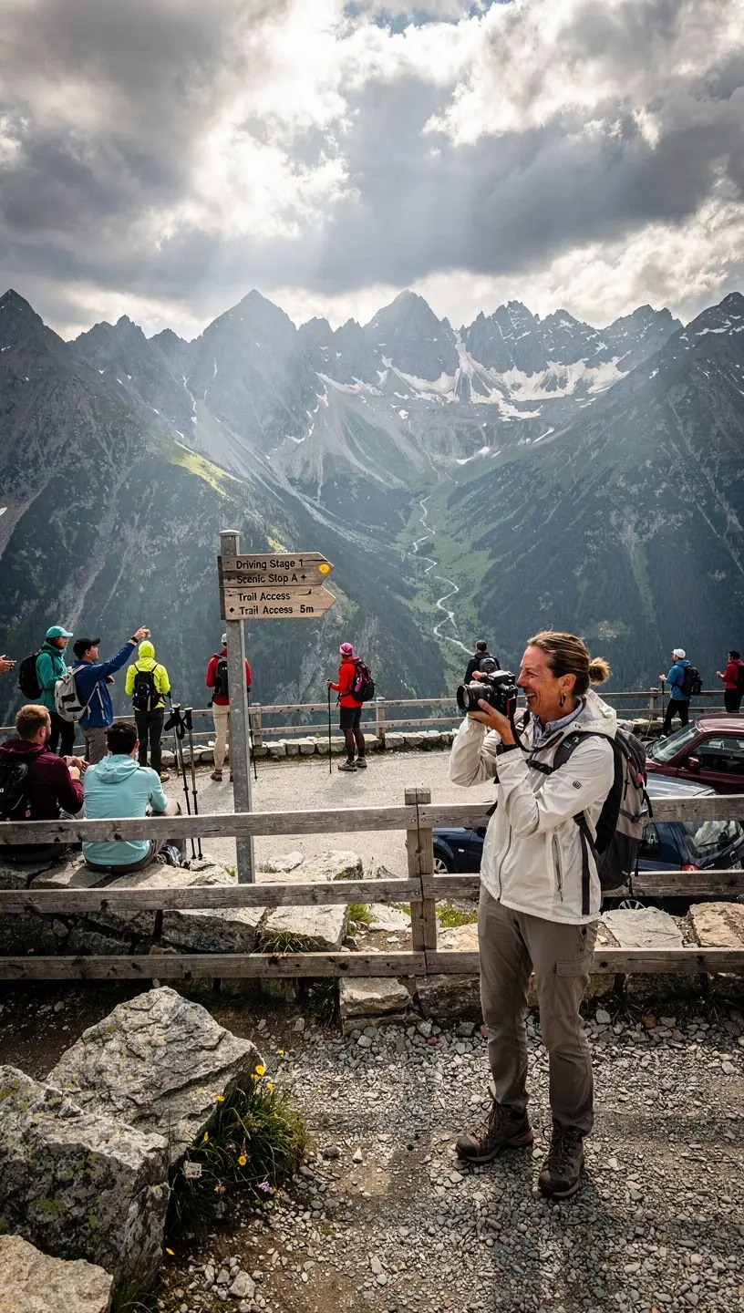 Krásny výhľad na Vysoké Tatry z okna auta počas jazdy s navigačnou tabuľou ukazujúcou smer a dostupné parkoviská.